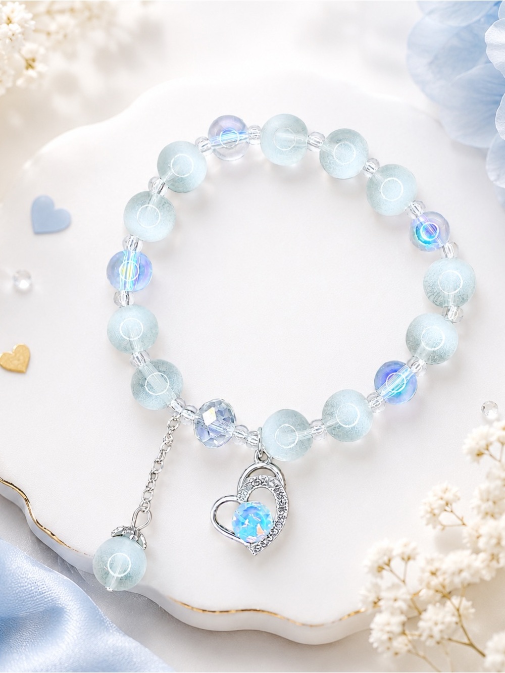 Silver Opal Heart Beaded Charm Bracelet